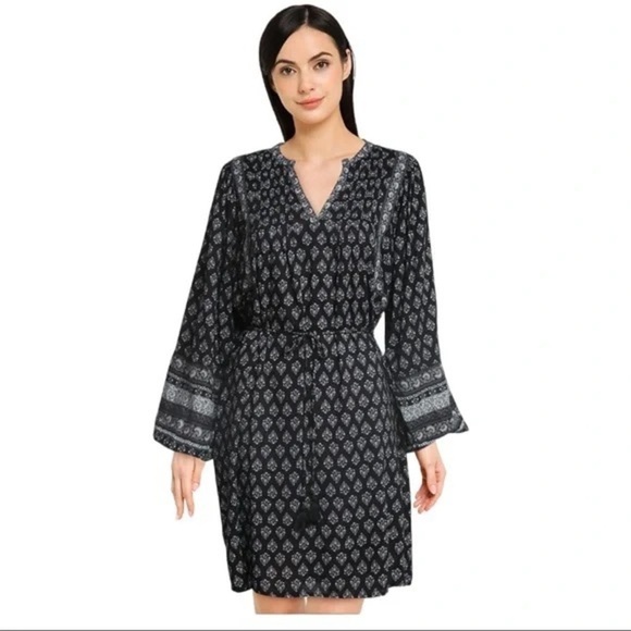 Old Navy boho Floral-Print Split-Neck Swing Blouson Sleeve Dress M - Picture 1 of 8